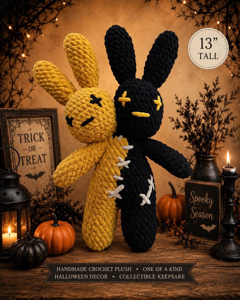 Handmade Patchwork Bunny Plush 13” Halloween Crochet Whimsygoth Shelf Decor